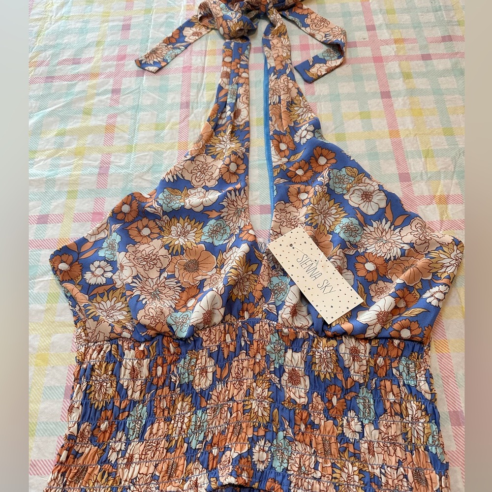 Sienna Sky Blue Floral Halter Smocked Women's Top